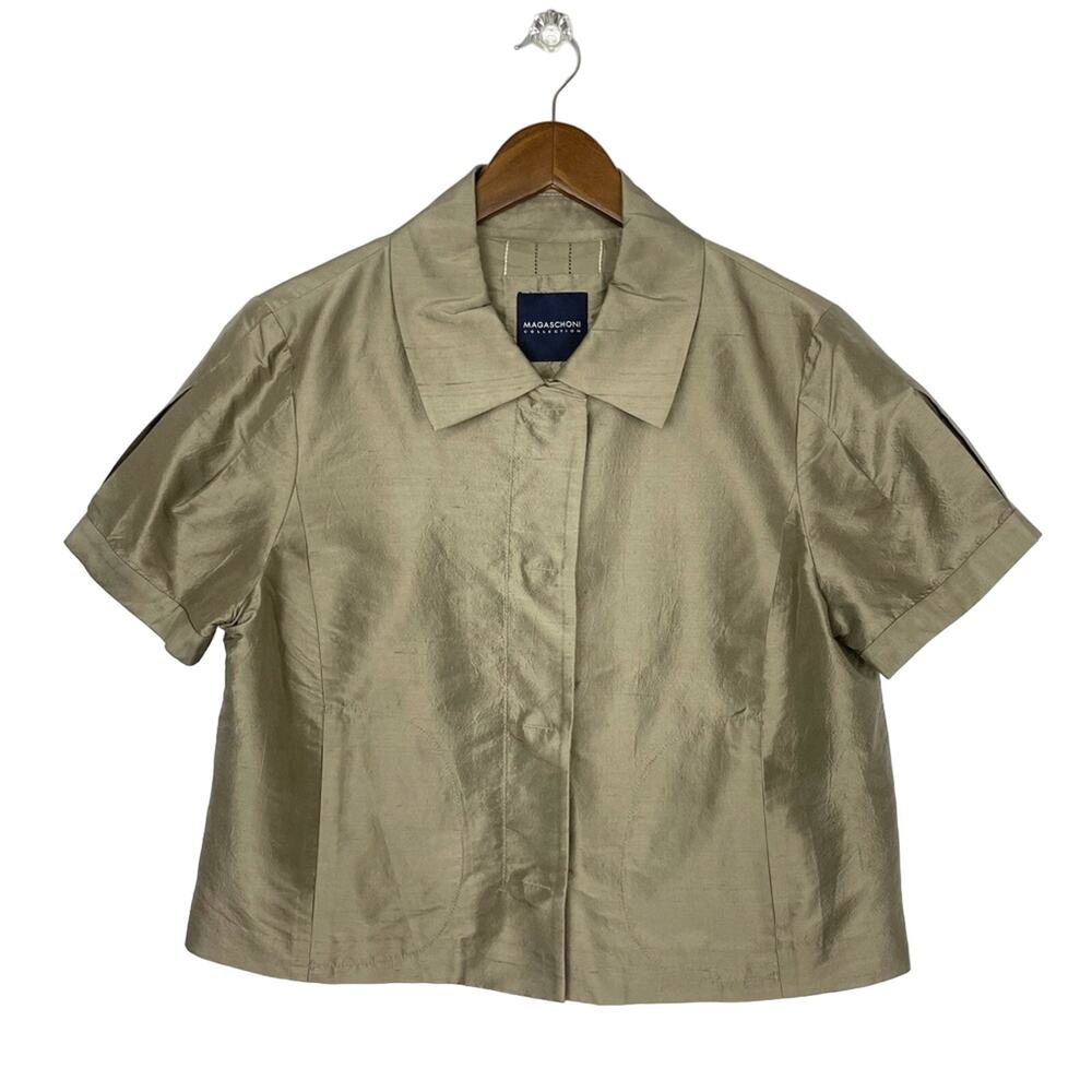 Magaschoni Collection | Taupe Brown Short Puff Sleeve Snap Button Cropped Jacket